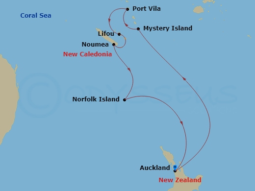 Carnival Adventure - 10 Night - Vanuatu & New Caledonia - Carnival Adventure - Starting in Auckland, New Zealand, Mystery Island, Vanuatu, Vila, Vanuatu, Lifou, New Caledonia, Nou.. itinerary map