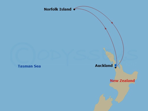 Carnival Adventure - 4 Night - Norfolk Island - Carnival Adventure - Starting in Auckland, New Zealand, Norfolk Island, Australia, Auckland, New Zealand itinerary map