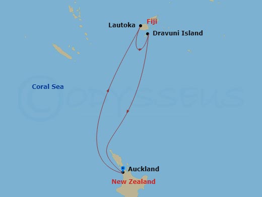 Carnival Adventure - 9 Night - Fiji - Carnival Adventure - Starting in Auckland, New Zealand, Suva, Fiji, Lautoka, Fiji, Dravuni Island, Fiji, Auckland, New Zealand itinerary map