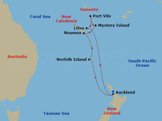 Carnival Adventure - 10 Night - Vanuatu & New Caledonia - Carnival Adventure - Starting in Auckland, New Zealand, Lifou, New Caledonia, Vila, Vanuatu, Mystery Island, Vanuatu, Nou.. itinerary map