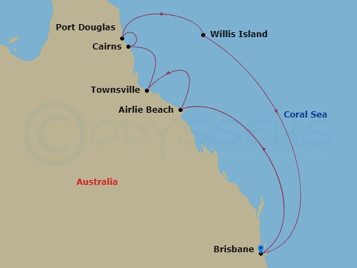 Crown Princess - 8 Night - Queensland with Great Barrier Reef - Crown Princess - Starting in Brisbane, Australia, Airlie Beach, Australia, Townsville, Australia, Cairns, Austr.. itinerary map