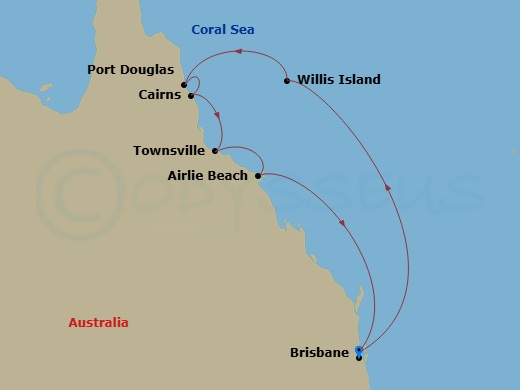 Crown Princess - 8 Night - Queensland with Great Barrier Reef - Crown Princess - Starting in Brisbane, Australia, Willis Island, Australia, Port Douglas, Australia, Cairns, Au.. itinerary map