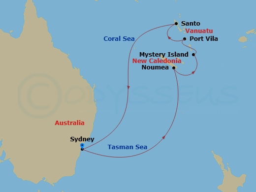 Carnival Splendor - 10 Night - Vanuatu & New Caledonia - Carnival Splendor - Starting in Sydney AU, Noumea, New Caledonia, Mystery Island, Vanuatu, Vila, Vanuatu, Santo, Vanuatu,.. itinerary map