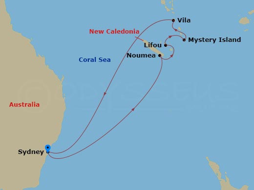 Carnival Splendor - 10 Night - Vanuatu & New Caledonia - Carnival Splendor - Starting in Sydney AU, Noumea, New Caledonia, Lifou, New Caledonia, Mystery Island, Vanuatu, Vila, Va.. itinerary map