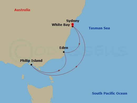 5 Night - Phillip Island & Eden - Carnival Adventure - Starting in Sydney AU, Eden, Australia, Phillip Island, Australia, Sydney AU (White Bay), Australia itinerary map