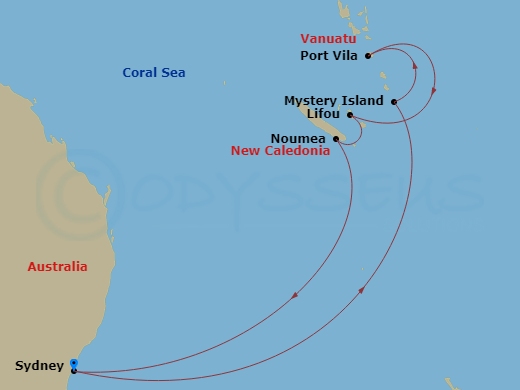 Carnival Adventure - 10 Night - Vanuatu & New Caledonia - Carnival Adventure - Starting in Sydney AU (White Bay), Australia, Mystery Island, Vanuatu, Vila, Vanuatu, Lifou, New Cal.. itinerary map
