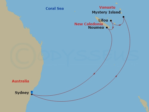 Carnival Adventure - 9 Night - Vanuatu & New Caledonia - Carnival Adventure - Starting in Sydney AU, Mystery Island, Vanuatu, Lifou, New Caledonia, Noumea, New Caledonia, Sydney A.. itinerary map