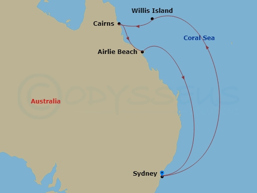 Carnival Adventure - 8 Night - Great Barrier Reef - Carnival Adventure - Starting in Sydney AU, Willis Island, Cairns, Australia, Airlie Beach, Australia, Sydney AU itinerary map