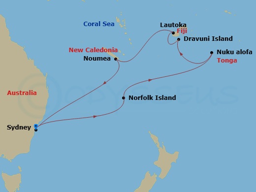 14 Night - Journeys - Mutiny On the Bounty - Carnival Adventure - Starting in Sydney AU, Norfolk Island, Australia, Nukualofa, Tonga, Cruise Mutiny On the Bounty, Dravuni Island, Fiji, Lautoka, Fiji, Noumea, New Caledonia, Sydney AU itinerary map