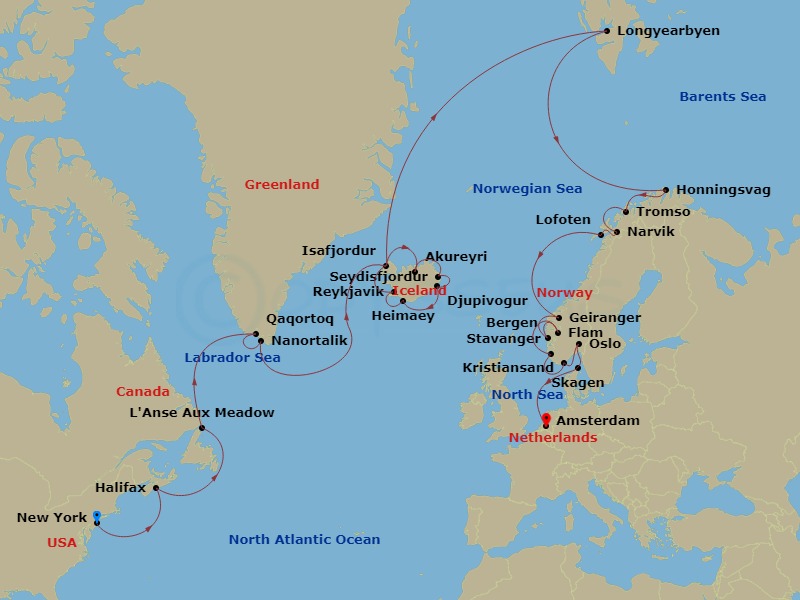 Viking Neptune - 35 Night - Grand Fjords & Iconic Viking Shores - Viking Neptune - Starting in New York City, New York, Sail the Atlantic Ocean, Halifax, Nova Scotia, Sail the.. itinerary map