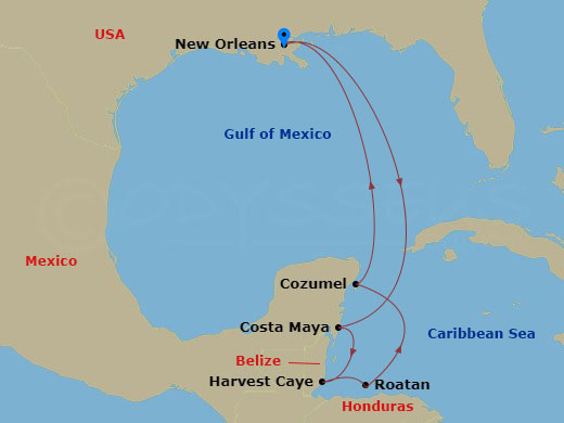 NCL Norwegian Escape - 7 Night - Western Caribbean - New Orleans - NCL Norwegian Escape - Starting in New Orleans, La, Costa Maya, Mexico, Harvest Caye, Belize, Roatan Bay Islands,.. itinerary map