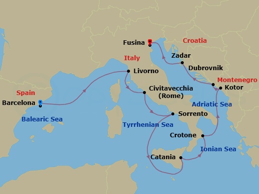 10 Night - Italy, Montenegro & Croatia Cruise : Rome, Kotor & Dubrovnik - Azamara Journey - Starting in Barcelona, Florence / Pisa (Livorno), Rome (Civitavecchia), Sorrento, Catania, (Sicily), Crotone, Kotor, Dubrovnik, Croatia, Zadar, Venice (Fusina) itinerary map