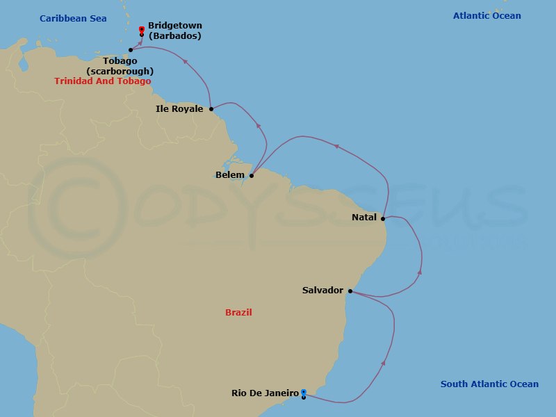14 Night - Brazil Intensive Cruise : Salvador, Natal & Belem - Azamara Quest - Starting in Rio De Janeiro, Salvador De Bahia, Natal, Belem, Isle Royale, French Guiana, Scarborough, Tobago, Bridgetown itinerary map