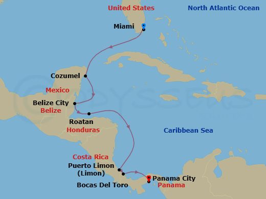 9 Night - Belize, Costa Rica & Panama Cruise : Belize City, Puerto Limon & Panama City - Azamara Quest - Starting in Miami, Florida, Cozumel, Mexico, Belize City, Roatan, Puerto Limon, Bocas del Toro, Panama Canal (Cruising), Panama City (Fuerte Amador) itinerary map