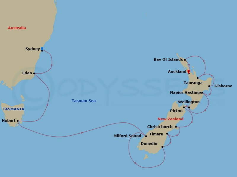 16 Night - Australia & New Zealand Cruise : Sydney, Wellington & Auckland - Azamara Pursuit - Starting in Sydney AU, Eden, Hobart, Tasmania, Milford Sound, Dunedin, Timaru, Christchurch, Picton, Wellington, Napier, Gisborne, Tauranga, Bay of Islands, Auckland itinerary map