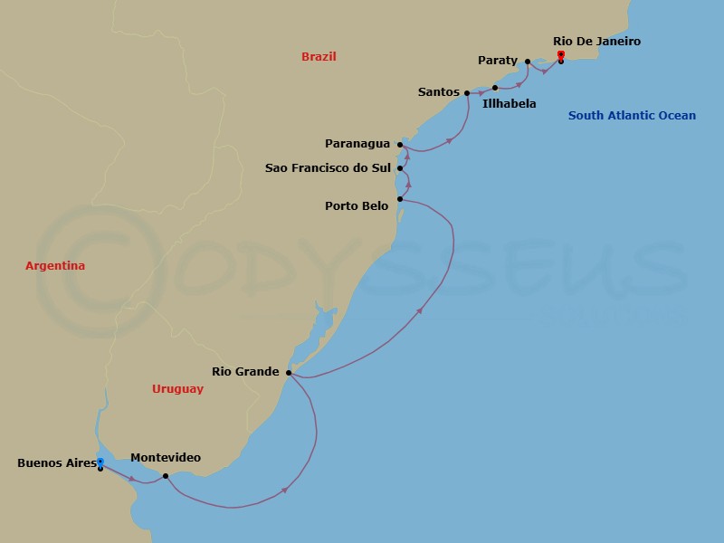 12 Night - Brazil Intensive Cruise : Sao Paulo, Poto Belo & Rio De Janeiro - Azamara Quest - Starting in Buenos Aires, Montevideo, Rio Grande, Porto Belo, Sao Francisco do Sul, Paranagua, Santos (Sao Paulo), Ilhabela, Brazil, Paraty, Rio De Janeiro itinerary map