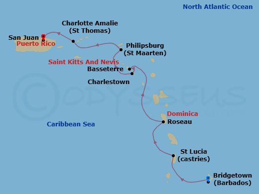7 Night - Eastern Caribbean Cruise : Sint Maarten, Saint Kitts & Nevis - Azamara Quest - Starting in Bridgetown, Castries, Roseau, Basseterre, St Kitts, Charlestown, Nevis, Philipsburg, Charlotte Amalie, St Thomas, San Juan itinerary map