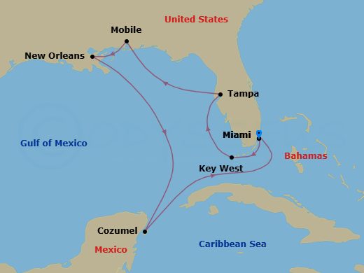 11 Night - Americana Coast Cruise : Key West, Tampa & New Orleans - Azamara Quest - Starting in Miami, Florida, Key West, Florida, Tampa, Mobile, Alabama, New Orleans, Cozumel, Mexico, Miami, Florida itinerary map