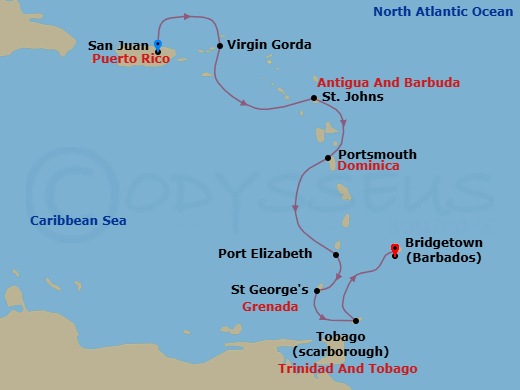 8 Night - Southern Caribbean Holiday Cruise : British Virgin Islands, Dominica & Grenada - Azamara Quest - Starting in San Juan, Virgin Gorda, St Johns AG, Portsmouth DM, Port Elizabeth VC, Bequia, Saint Georges, Grenada, Scarborough, Tobago, Bridgetown itinerary map