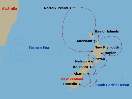 Azamara Pursuit - 14 Night - New Zealand Intensive Cruise : Auckland, Dunedin & Kaikoura - Azamara Pursuit - Starting in Auckland, Bay of Islands, Norfolk Island, New Plymouth,.. itinerary map