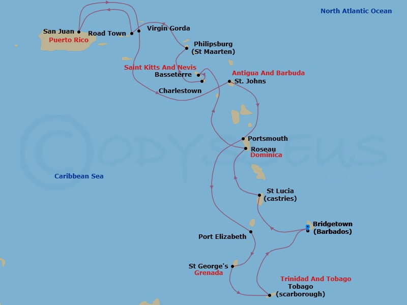 15 Night - Caribbean Cruise : Dominica, Bequia & Grenada - Azamara Quest - Starting in Bridgetown, Castries, Roseau, Basseterre, St Kitts, Charlestown, Nevis, Philipsburg, Road Town, Tortola, San Juan, Virgin Gorda, St Johns AG, Portsmouth DM, Port Elizabeth VC, Bequia, Saint Georges, Grenada, Scarborough, Tobago, Bridgetown itinerary map