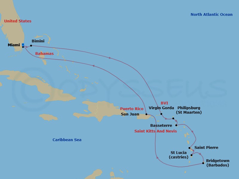 14 Night - Caribbean Holiday Cruise : Sint Maarten, Saint Lucia & Barbados - Azamara Onward - Starting in Miami, Florida, Bimini, Virgin Gorda, Philipsburg, Basseterre, St Kitts, Saint-Pierre, Castries, Bridgetown, San Juan, Miami, Florida itinerary map