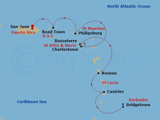 Azamara Quest - 7 Night - Eastern Caribbean Cruise : Saint Lucia, Dominica & Sint Maarten - Azamara Quest - Starting in Bridgetown, Castries, Roseau, Basseterre, St Kitts, Ch.. itinerary map