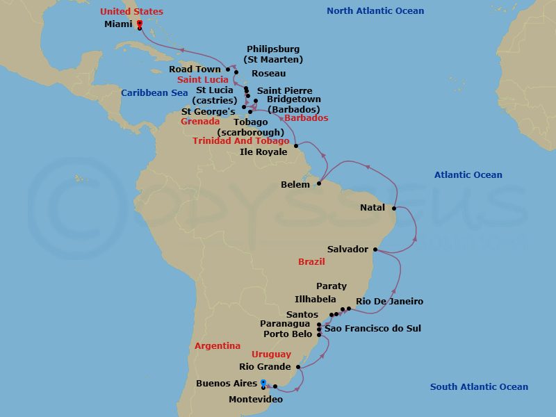 35 Night - Buenos Aires to Miami Grand Voyage - Azamara Quest - Starting in Buenos Aires, Montevideo, Rio Grande, Porto Belo, Sao Francisco do Sul, Paranagua, Santos (Sao Paulo), Ilhabela, Brazil, Paraty, Rio De Janeiro, Salvador De Bahia, Natal, Belem, Isle Royale, French Guiana, Scarborough, Tobago, Bridgetown, Saint Georges, Grenada, Castries, Saint-Pierre, Roseau, Philipsburg, Road Town, Tortola, Miami, Florida itinerary map