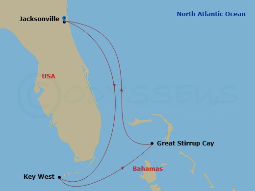 NCL Norwegian Dawn - 5 Night - Bahamas - Short - NCL Norwegian Dawn - Starting in Jacksonville, Florida, Key West, FL, Great Stirrup Cay, Bahamas, Jacksonville, Florida itinerary map