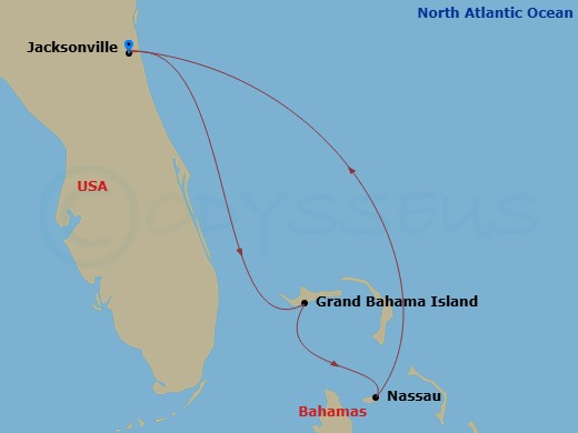 NCL Norwegian Dawn - 4 Night - Bahamas - Short - NCL Norwegian Dawn - Starting in Jacksonville, Florida, Grand Bahama Island, Bahamas, Nassau, Bahamas, Jacksonville, Florida itinerary map