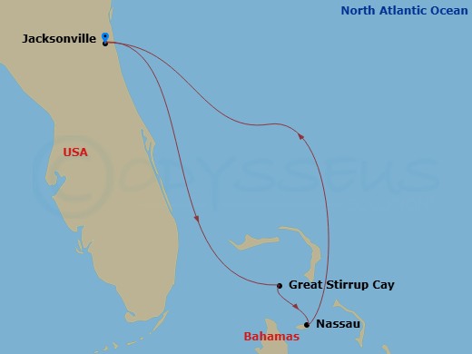 NCL Norwegian Dawn - 5 Night - Bahamas - Short - NCL Norwegian Dawn - Starting in Jacksonville, Florida, Great Stirrup Cay, Bahamas, Nassau, Bahamas, Jacksonville, Florida itinerary map