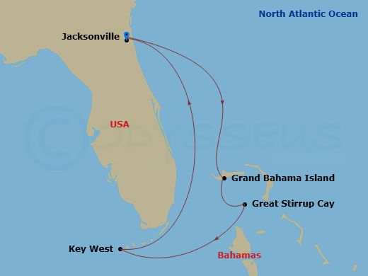 NCL Norwegian Dawn - 5 Night - Bahamas - Short - NCL Norwegian Dawn - Starting in Jacksonville, Florida, Grand Bahama Island, Bahamas, Great Stirrup Cay, Bahamas, Key West, FL, Ja.. itinerary map