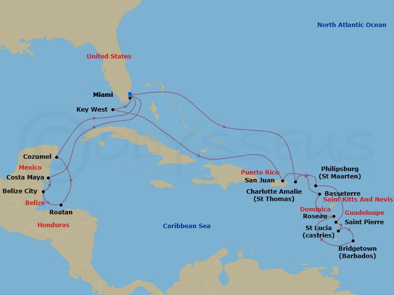 22 Night - Caribbean Intensive Cruise : Sint Maarten, Barbados & Cozumel - Azamara Onward - Starting in Miami, Florida, Charlotte Amalie, St Thomas, Philipsburg, Saint-Pierre, Castries, Bridgetown, Roseau, Basseterre, St Kitts, San Juan, Key West, Florida, Miami, Florida, Costa Maya, Mexico, Belize City, Roatan, Cozumel, Mexico, Miami, Florida itinerary map