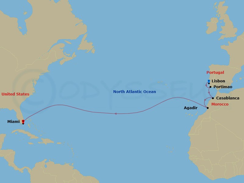 14 Night - Transatlantic Cruise : Lisbon to Miami - Azamara Onward - Starting in Lisbon, Portimao, Casablanca, Agadir, Miami, Florida itinerary map