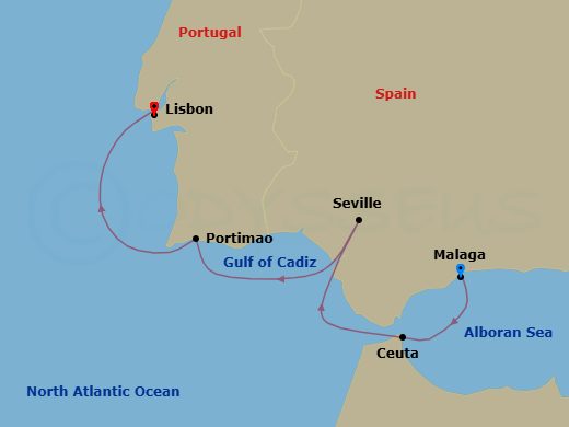 7 Night - Spain & Portugal Cruise : Malaga, Seville & Lisbon - Azamara Journey - Starting in Malaga, Ceuta, Seville, Portimao, Lisbon itinerary map