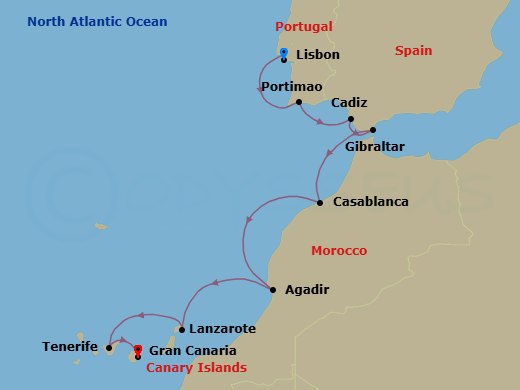 9 Night - Portugal, Morocco & Spain Cruise : Lisbon, Casablanca & Tenerife - Azamara Journey - Starting in Lisbon, Portimao, Cadiz, Gibraltar, Casablanca, Agadir, Lanzarote, Canary Islands, Tenerife, Canary Islands, Gran Canaria, Canary Islands itinerary map