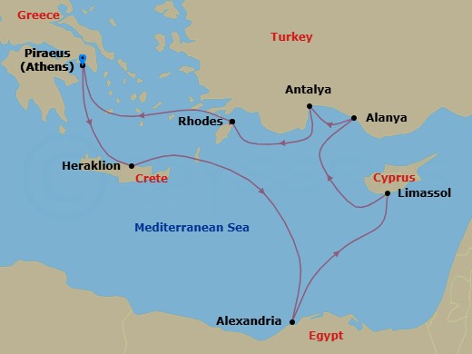 11 Night - Greece, Egypt & Turkey Cruise : Athens, Alexandria & Antalya - Azamara Journey - Starting in Athens (Piraeus), Heraklion, (Crete), Alexandria EG (Cairo), Egypt, Limassol, Alanya, Antalya, Rhodes, Athens (Piraeus) itinerary map