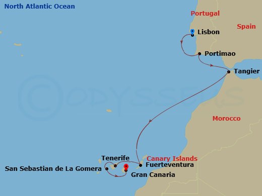 Azamara Journey - 8 Night - Spain Intensive Cruise : Fuerteventura, Canary Islands & La Gomera - Azamara Journey - Starting in Lisbon, Portimao, Tangier, Fuerteventura, Canary.. itinerary map