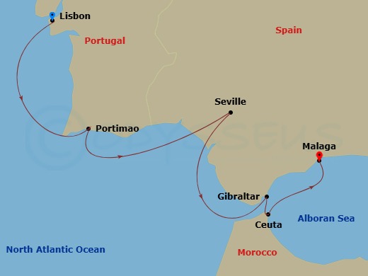 Azamara Journey - 7 Night - Portugal & Spain Cruise : Lisbon, Seville & Malaga - Azamara Journey - Starting in Lisbon, Portimao, Seville, Gibraltar, Ceuta, Malaga itinerary map