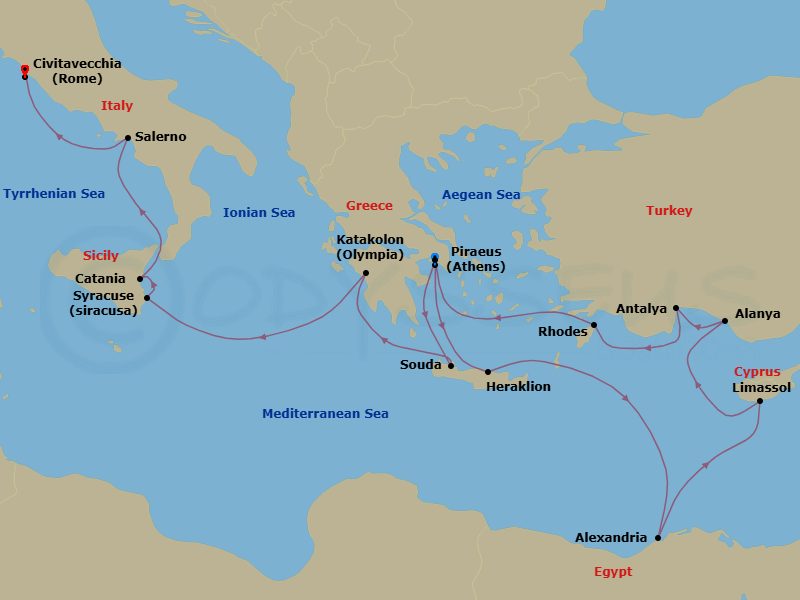 18 Night - Greece, Egypt & Italy Cruise : Alexandria, Athens & Amalfi Coast - Azamara Journey - Starting in Athens (Piraeus), Heraklion, (Crete), Alexandria EG (Cairo), Egypt, Limassol, Alanya, Antalya, Rhodes, Athens (Piraeus), Chania (Souda), Crete, Olympia (Katakolon), Siracusa, Sicily, Catania, (Sicily), Salerno, Rome (Civitavecchia) itinerary map
