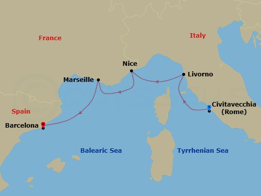 7 Night - Italy, France & Spain Cruise : Rome, Nice & Barcelona - Azamara Journey - Starting in Rome (Civitavecchia), Florence / Pisa (Livorno), Nice, Provence (Marseille), Barcelona itinerary map