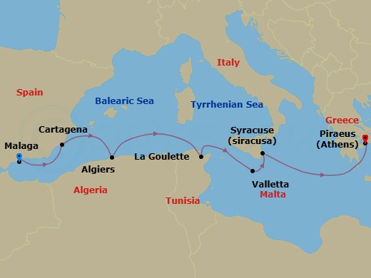 9 Night - Best of the Mediterranean Cruise : La Goulette, Valletta & Siracusa - Azamara Journey - Starting in Malaga, Cartagena ES, Algiers, La Goulette, Valletta, Siracusa, Sicily, Athens (Piraeus) itinerary map