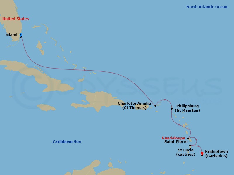 7 Night - Eastern Caribbean Cruise : Sint Maarten, Martinique & Saint Lucia - Azamara Onward - Starting in Miami, Florida, Charlotte Amalie, St Thomas, Philipsburg, Saint-Pierre, Castries, Bridgetown itinerary map