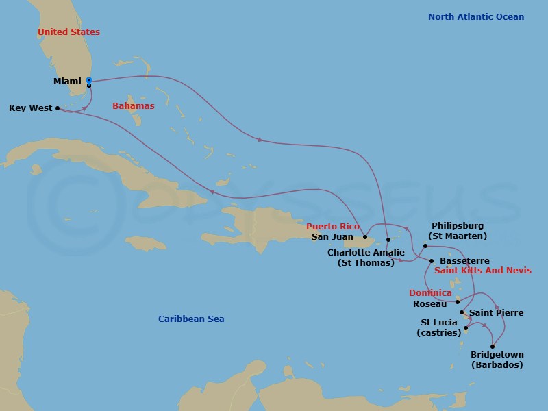 14 Night - Eastern Caribbean Cruise : Sint Maarten, Barbados & Saint Kitts - Azamara Onward - Starting in Miami, Florida, Charlotte Amalie, St Thomas, Philipsburg, Saint-Pierre, Castries, Bridgetown, Roseau, Basseterre, St Kitts, San Juan, Key West, Florida, Miami, Florida itinerary map