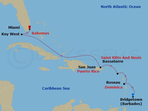 7 Night - Eastern Caribbean Cruise : Barbados, Saint Kittsand Nevis & Puerto Rico - Azamara Onward - Starting in Bridgetown, Roseau, Basseterre, St Kitts, San Juan, Key West, Florida, Miami, Florida itinerary map