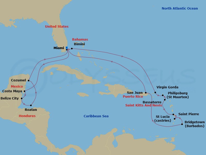 22 Night - Caribbean Holiday Cruise : Belize, Sint Maarten & Barbados - Azamara Onward - Starting in Miami, Florida, Costa Maya, Mexico, Belize City, Roatan, Cozumel, Mexico, Miami, Florida, Bimini, Virgin Gorda, Philipsburg, Basseterre, St Kitts, Saint-Pierre, Castries, Bridgetown, San Juan, Miami, Florida itinerary map