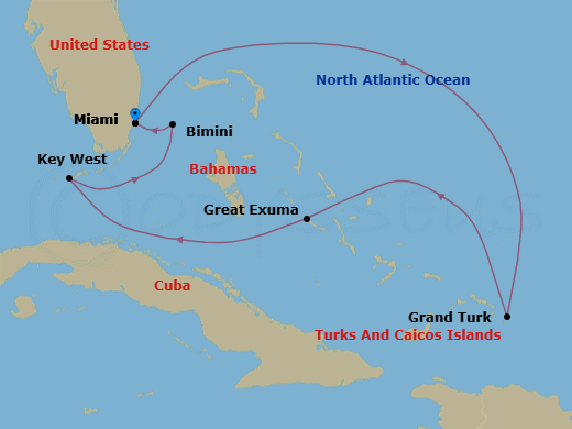 7 Night - Miami to Miami - Silver Shadow - Starting in Miami, Fl, Grand Turk, Exuma Island, Key West, Florida, Bimini, Miami, Fl itinerary map