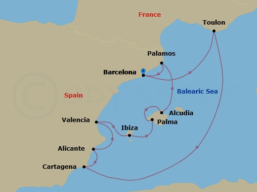 10 Night - Barcelona to Barcelona - Silver Ray - Starting in Barcelona, Toulon, Cartagena ES, Spain, Alicante, Valencia, Ibiza, Palma De Mallorca, Alcudia, Mallorca, Palamos, Barcelona itinerary map