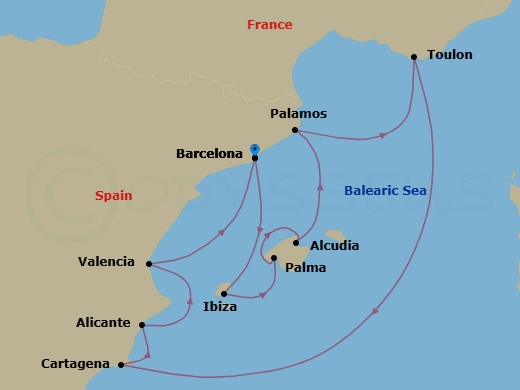 10 Night - Barcelona to Barcelona - Silver Ray - Starting in Barcelona, Ibiza, Palma De Mallorca, Alcudia, Mallorca, Palamos, Toulon, Cartagena ES, Spain, Alicante, Valencia, Barcelona itinerary map