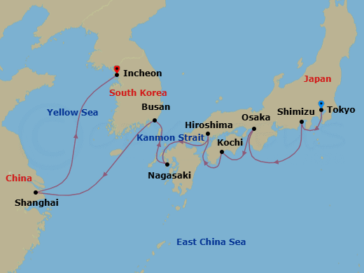 14 Night - Tokyo to Incheon - Silver Muse - Starting in Tokyo, Shimizu, Osaka, Kochi, Hiroshima, Nagasaki, Busan, Shanghai, Incheon (Seoul) itinerary map
